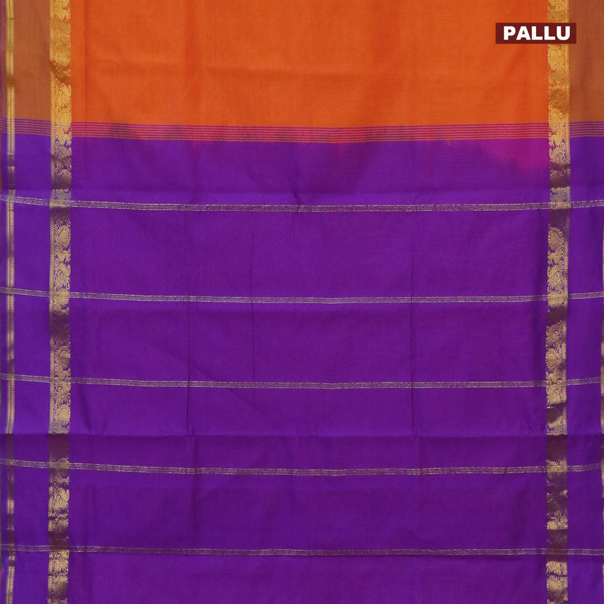 10 Yards poly cotton saree dual shade of mango yellow and violet with plain body and rettapet zari woven border