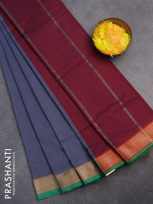 10 Yards poly cotton saree grey and maroon with plain body and zari woven border