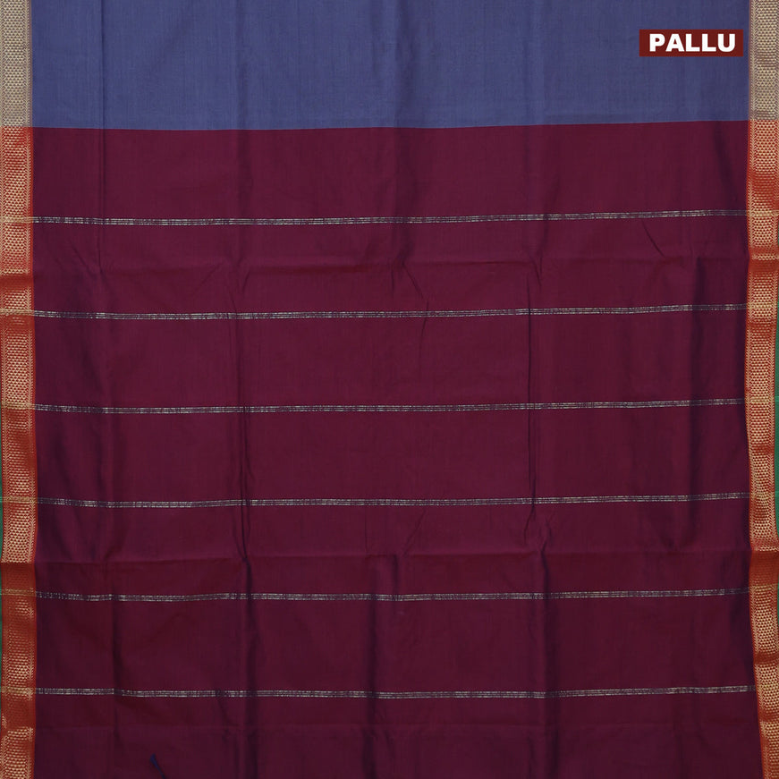 10 Yards poly cotton saree grey and maroon with plain body and zari woven border