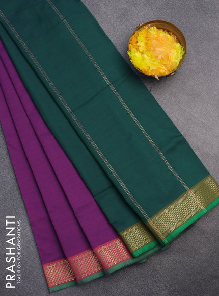 10 Yards poly cotton saree purple and green with plain body and zari woven border