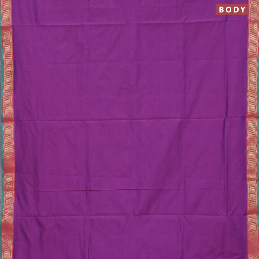 10 Yards poly cotton saree purple and green with plain body and zari woven border