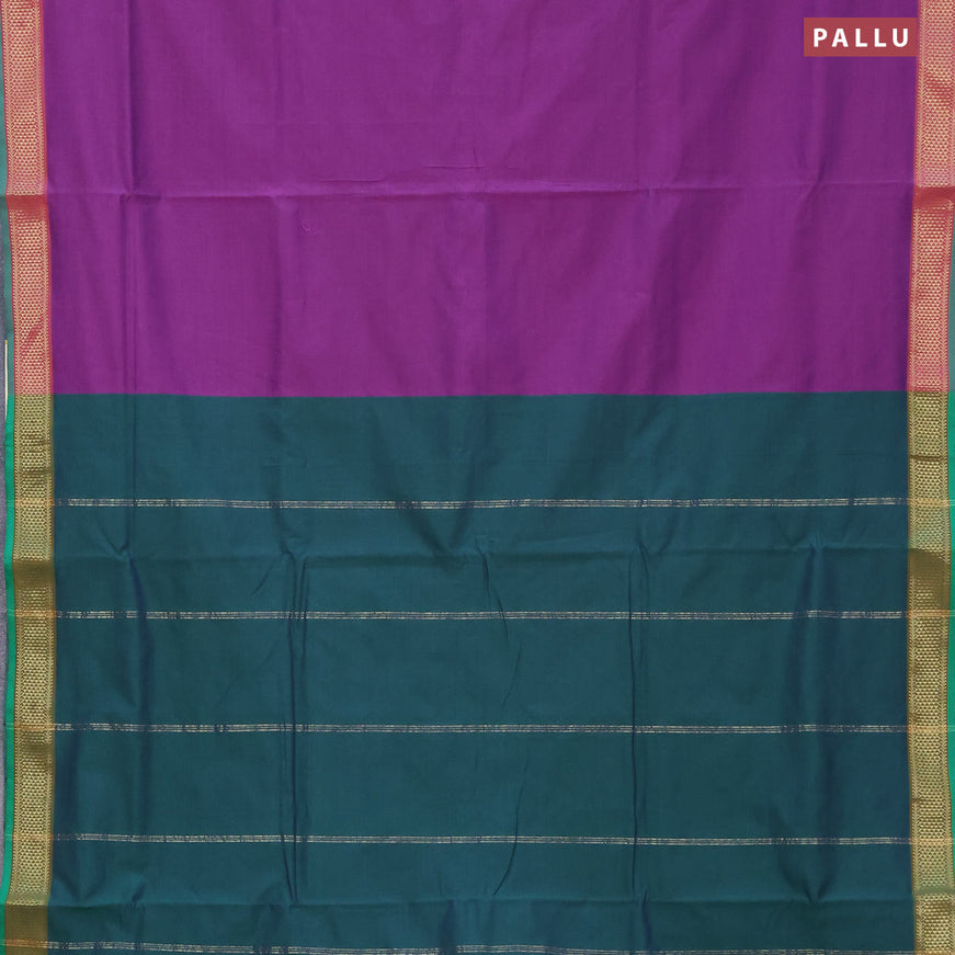 10 Yards poly cotton saree purple and green with plain body and zari woven border