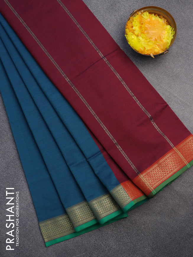 10 Yards poly cotton saree peacock blue and maroon with plain body and zari woven border