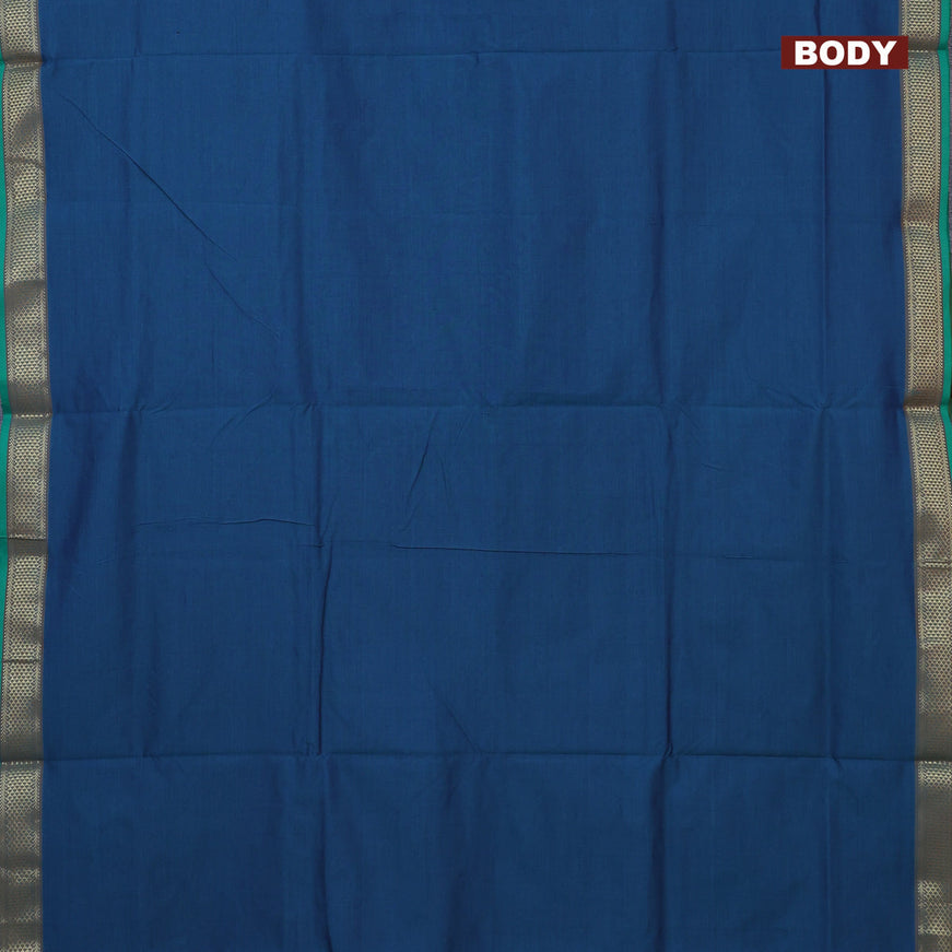 10 Yards poly cotton saree peacock blue and maroon with plain body and zari woven border