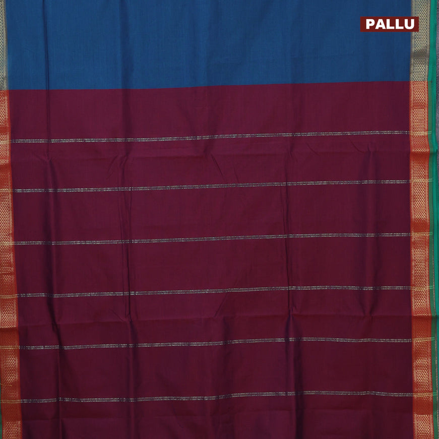 10 Yards poly cotton saree peacock blue and maroon with plain body and zari woven border