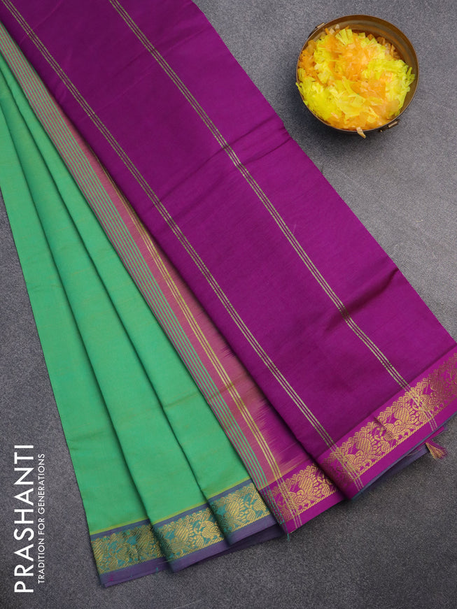 10 Yards poly cotton saree dual shade of teal green and purple with plain body and annam zari woven border