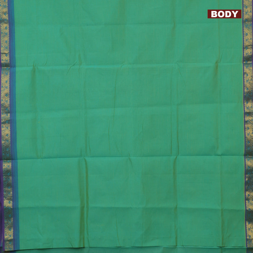 10 Yards poly cotton saree dual shade of teal green and purple with plain body and annam zari woven border