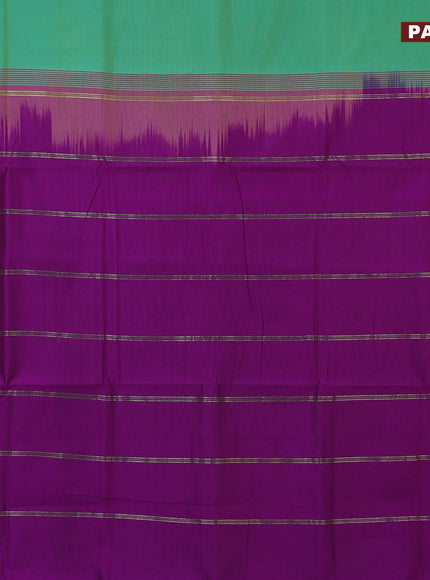 10 Yards poly cotton saree dual shade of teal green and purple with plain body and annam zari woven border