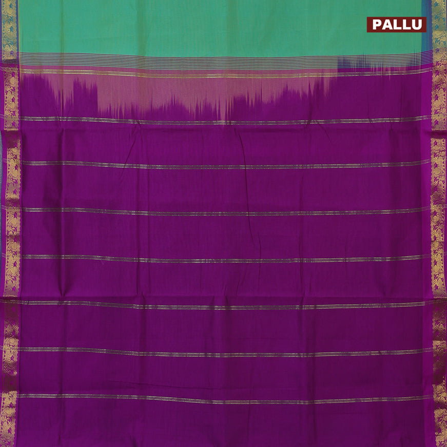 10 Yards poly cotton saree dual shade of teal green and purple with plain body and annam zari woven border