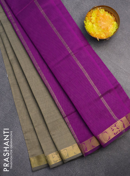 10 Yards poly cotton saree grey shade and purple with plain body and annam & rudhraksha zari woven border