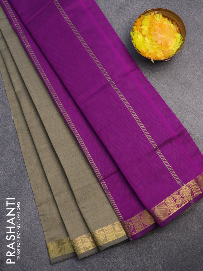 10 Yards poly cotton saree grey shade and purple with plain body and annam & rudhraksha zari woven border