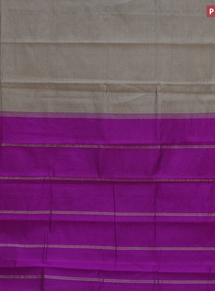 10 Yards poly cotton saree grey shade and purple with plain body and annam & rudhraksha zari woven border