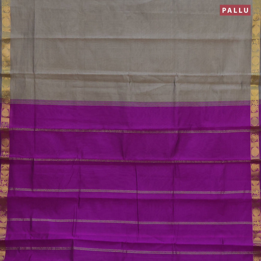 10 Yards poly cotton saree grey shade and purple with plain body and annam & rudhraksha zari woven border