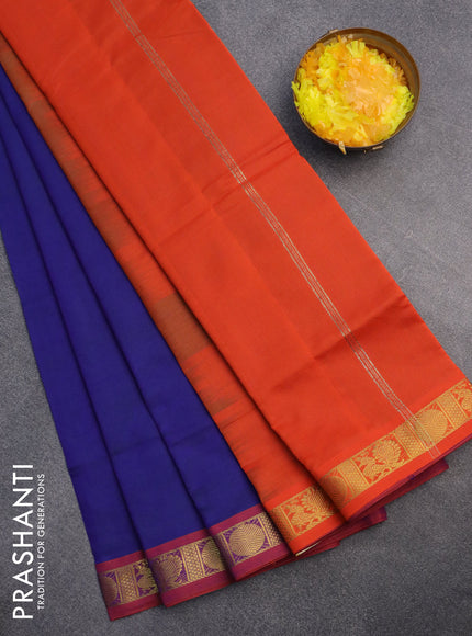 10 Yards poly cotton saree dual shade of bluish green and orange with plain body and annam & rudhraksha zari woven border