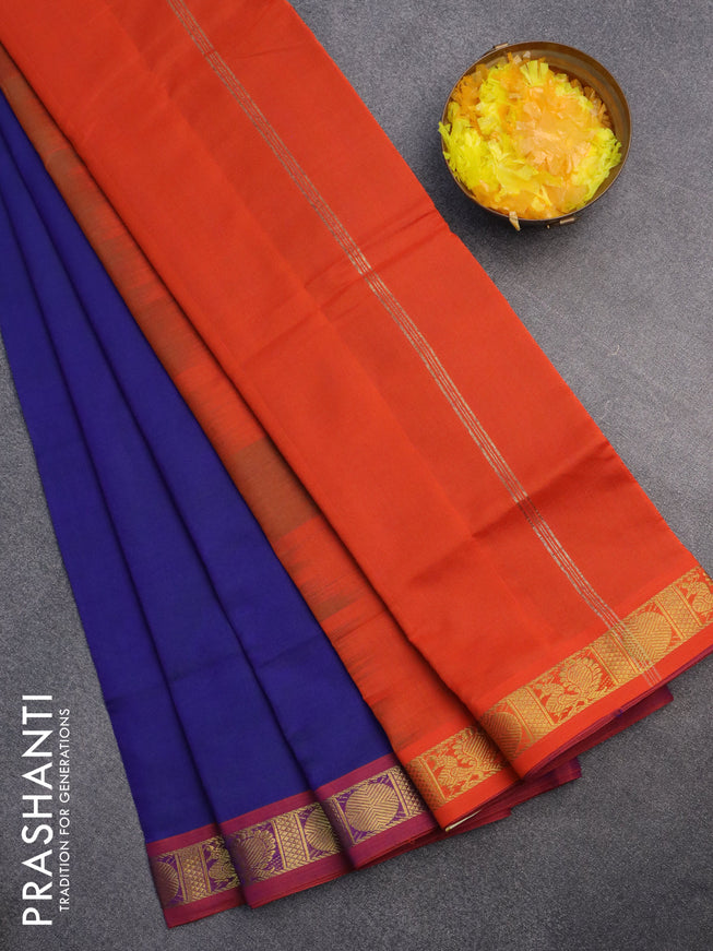 10 Yards poly cotton saree dual shade of bluish green and orange with plain body and annam & rudhraksha zari woven border