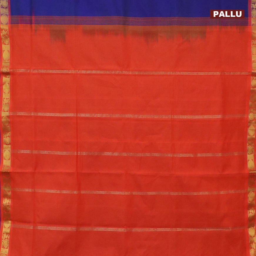 10 Yards poly cotton saree dual shade of bluish green and orange with plain body and annam & rudhraksha zari woven border