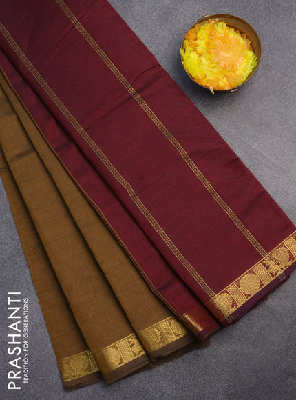 10 Yards poly cotton saree dark mustard and maroon with plain body and annam & rudhraksha zari woven border