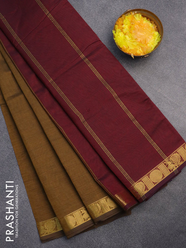 10 Yards poly cotton saree dark mustard and maroon with plain body and annam & rudhraksha zari woven border