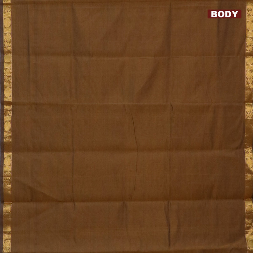 10 Yards poly cotton saree dark mustard and maroon with plain body and annam & rudhraksha zari woven border