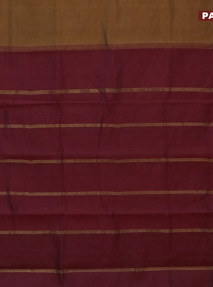 10 Yards poly cotton saree dark mustard and maroon with plain body and annam & rudhraksha zari woven border