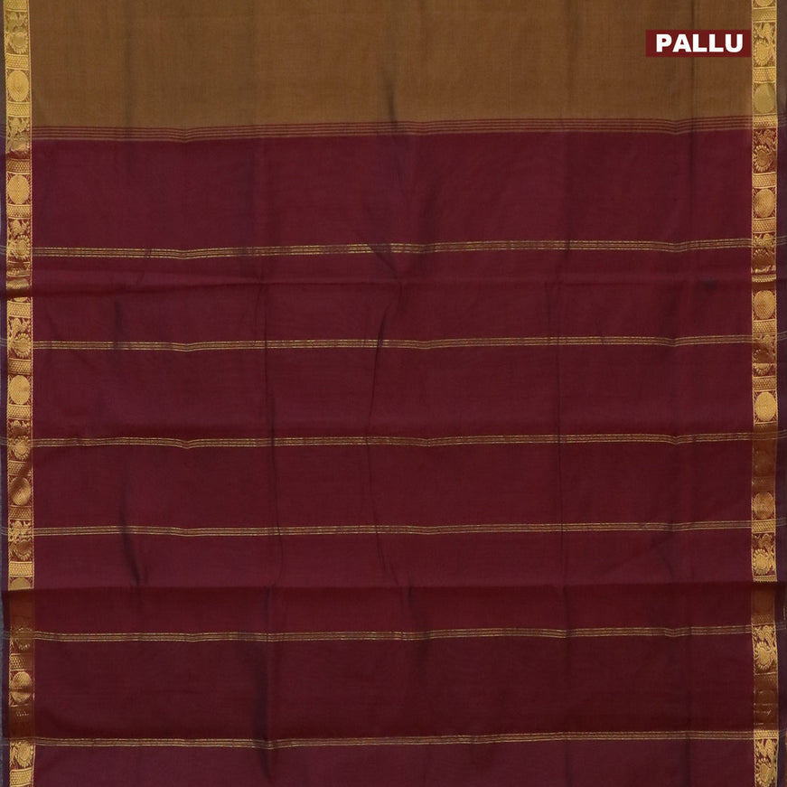 10 Yards poly cotton saree dark mustard and maroon with plain body and annam & rudhraksha zari woven border