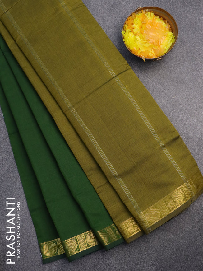 10 Yards poly cotton saree sap green and mehendi green with plain body and annam & rudhraksha zari woven border