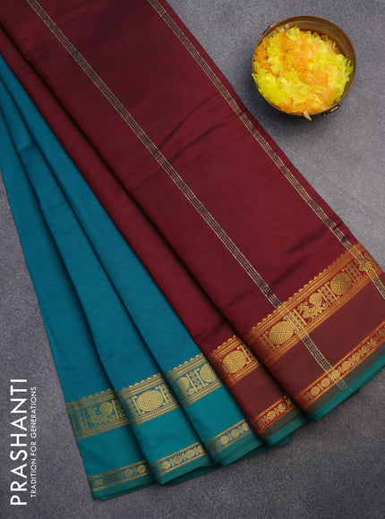 10 Yards poly cotton saree peacock green and maroon with plain body and annam & rudhraksha zari woven border