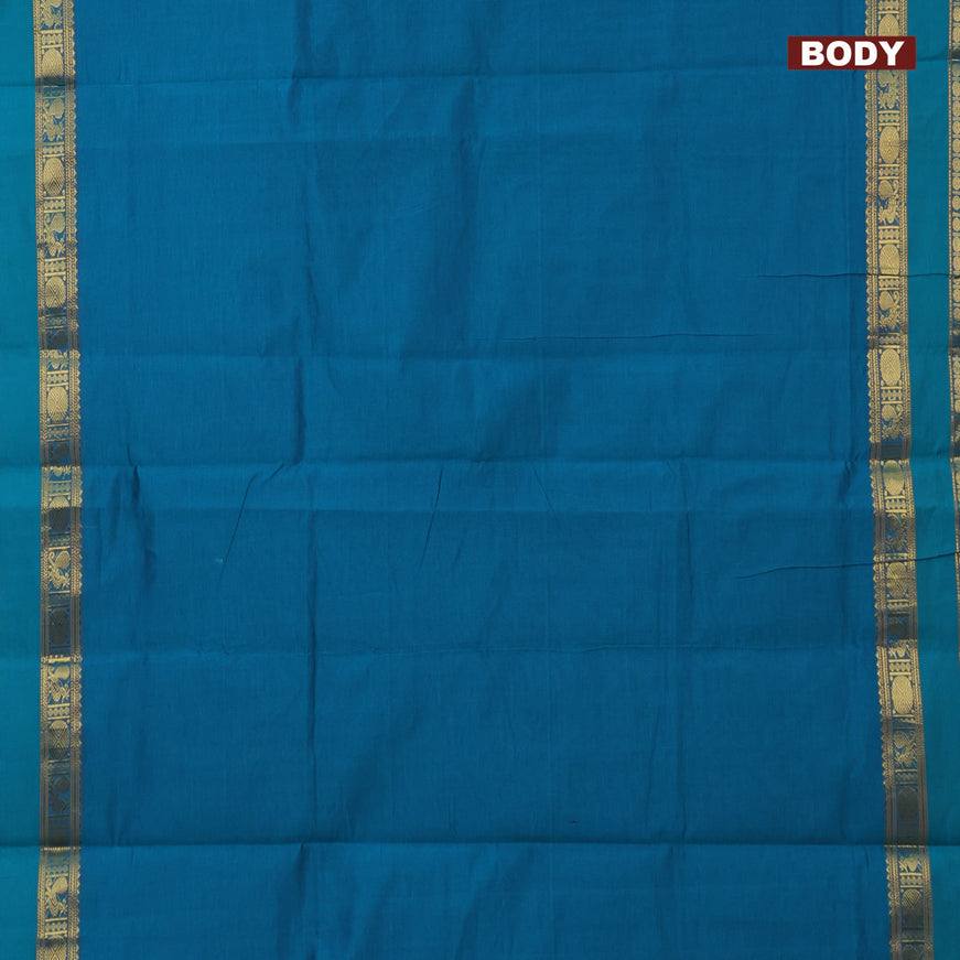 10 Yards poly cotton saree peacock green and maroon with plain body and annam & rudhraksha zari woven border