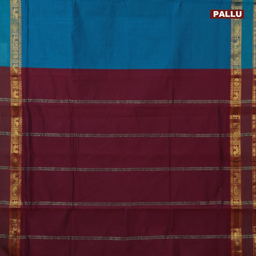 10 Yards poly cotton saree peacock green and maroon with plain body and annam & rudhraksha zari woven border