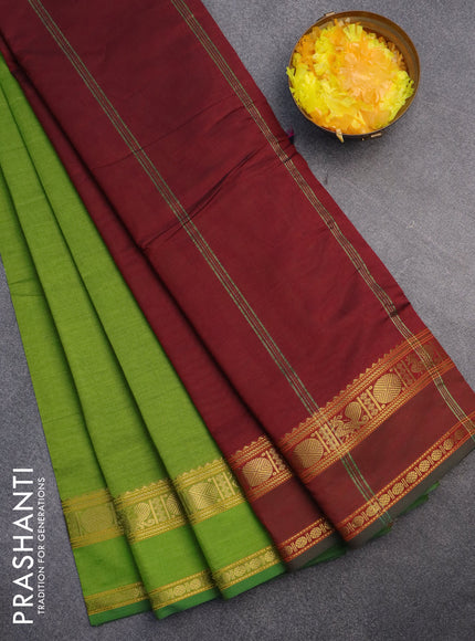 10 Yards poly cotton saree light green and maroon with plain body and annam & rudhraksha zari woven border