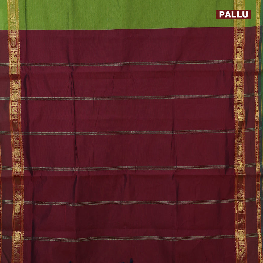 10 Yards poly cotton saree light green and maroon with plain body and annam & rudhraksha zari woven border