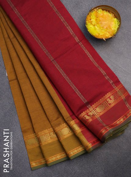 10 Yards poly cotton saree mustard shade and maroon with plain body and annam & rudhraksha zari woven border