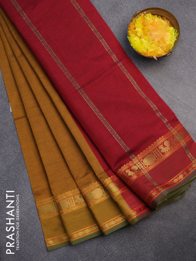 10 Yards poly cotton saree mustard shade and maroon with plain body and annam & rudhraksha zari woven border