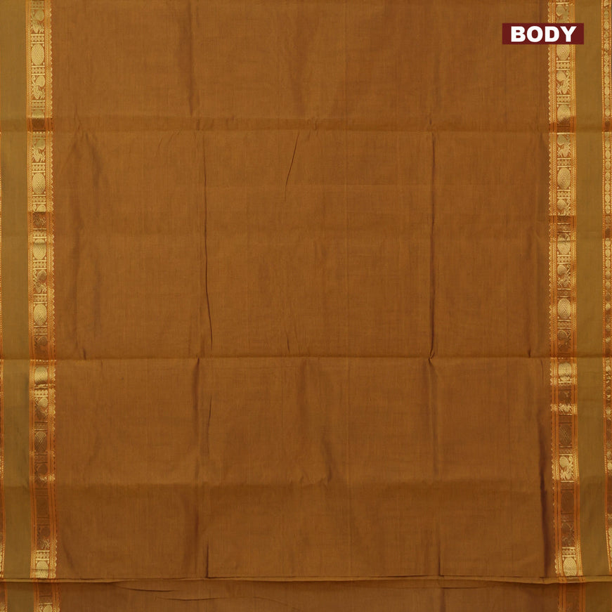 10 Yards poly cotton saree mustard shade and maroon with plain body and annam & rudhraksha zari woven border