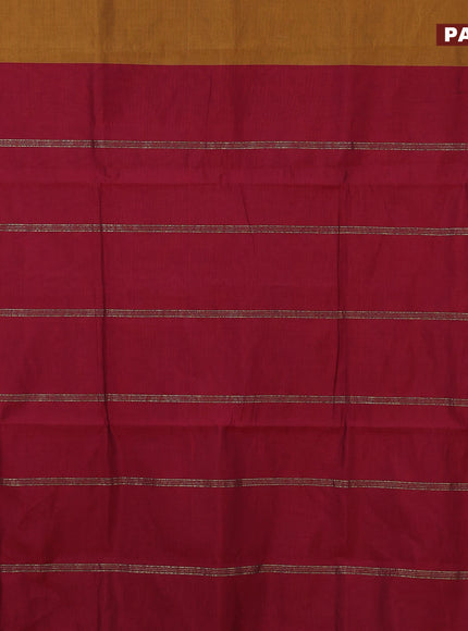 10 Yards poly cotton saree mustard shade and maroon with plain body and annam & rudhraksha zari woven border