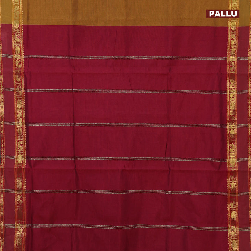 10 Yards poly cotton saree mustard shade and maroon with plain body and annam & rudhraksha zari woven border