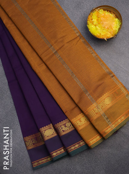 10 Yards poly cotton saree deep violet and mustard shade with plain body and annam & rudhraksha zari woven border