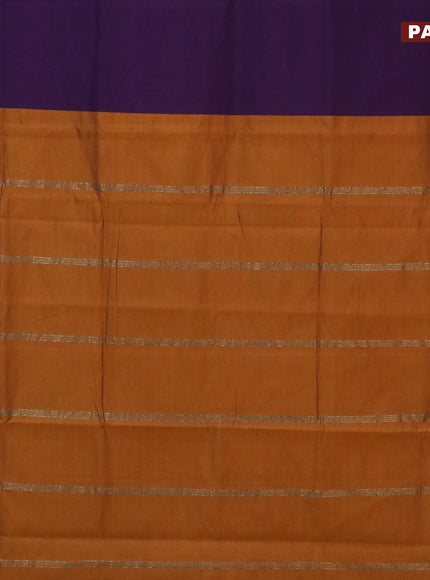 10 Yards poly cotton saree deep violet and mustard shade with plain body and annam & rudhraksha zari woven border