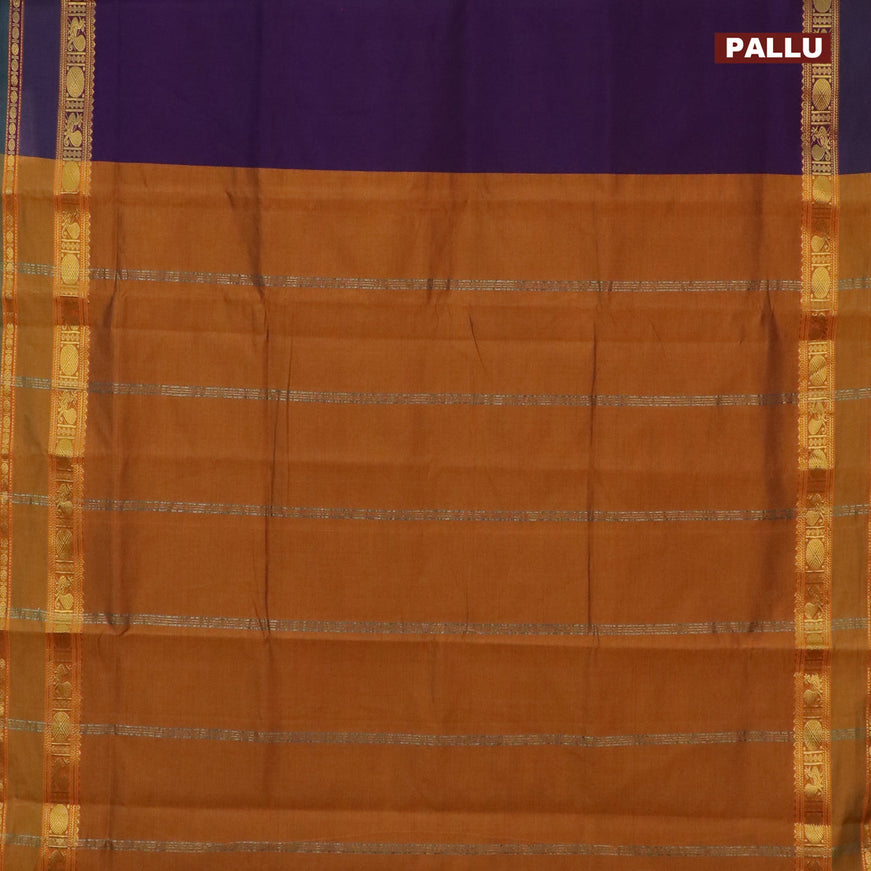 10 Yards poly cotton saree deep violet and mustard shade with plain body and annam & rudhraksha zari woven border