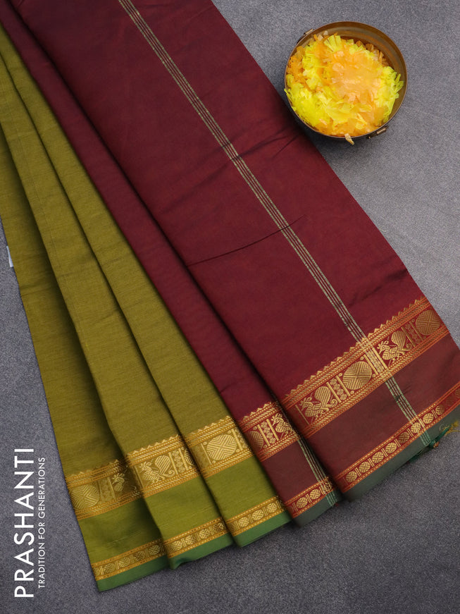 10 Yards poly cotton saree mehendi green and deep maroon with plain body and annam & rudhraksha zari woven border