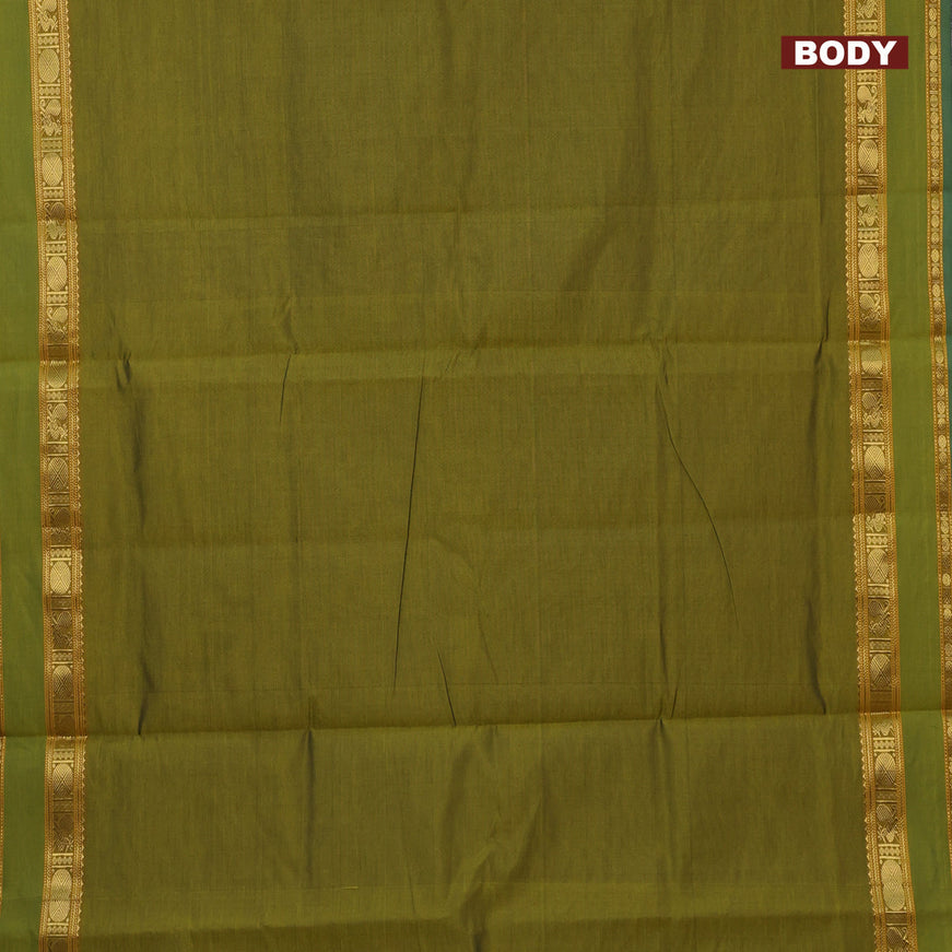 10 Yards poly cotton saree mehendi green and deep maroon with plain body and annam & rudhraksha zari woven border