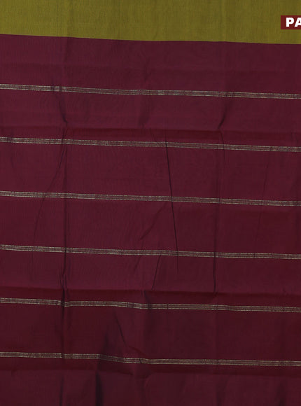 10 Yards poly cotton saree mehendi green and deep maroon with plain body and annam & rudhraksha zari woven border