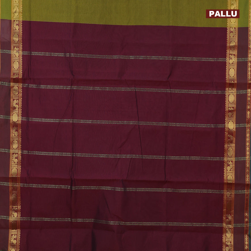 10 Yards poly cotton saree mehendi green and deep maroon with plain body and annam & rudhraksha zari woven border