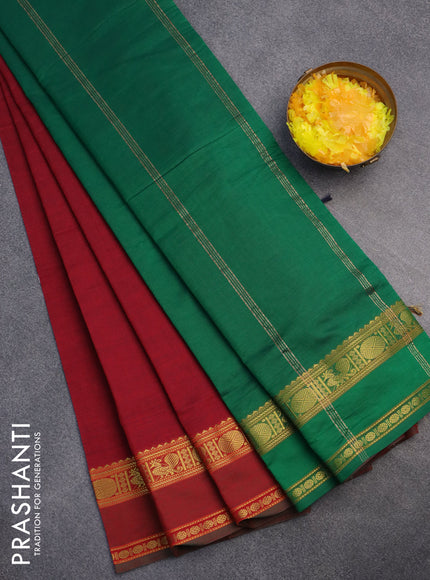 10 Yards poly cotton saree maroon and green with plain body and annam & rudhraksha zari woven border