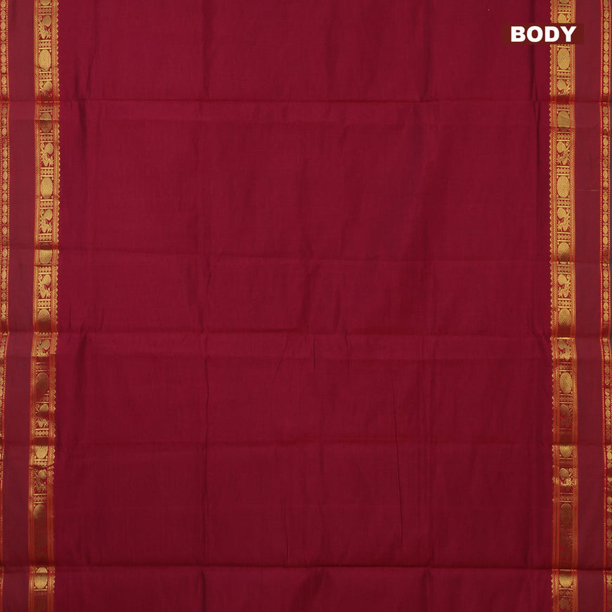 10 Yards poly cotton saree maroon and green with plain body and annam & rudhraksha zari woven border