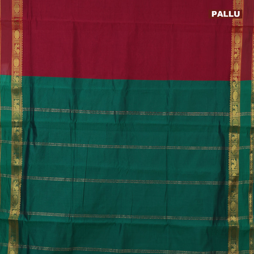 10 Yards poly cotton saree maroon and green with plain body and annam & rudhraksha zari woven border