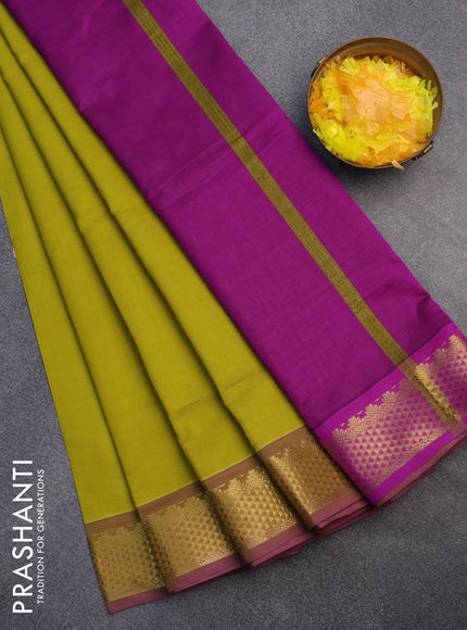 10 Yards poly cotton saree lime green and purple with plain body and zari woven border