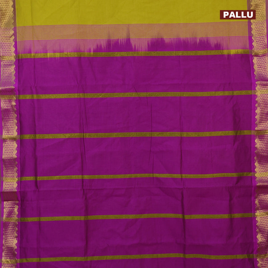 10 Yards poly cotton saree lime green and purple with plain body and zari woven border