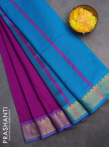 10 Yards poly cotton saree purple and cs blue with plain body and zari woven border