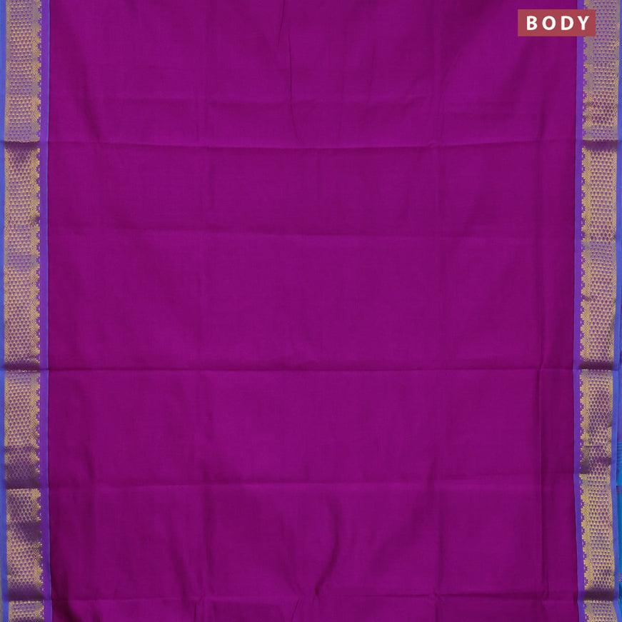 10 Yards poly cotton saree purple and cs blue with plain body and zari woven border